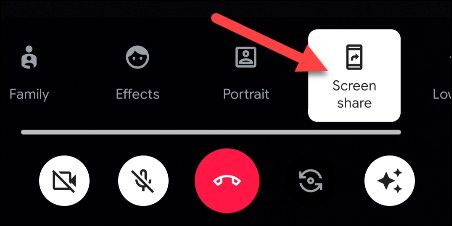 A screenshot of an active call on a video conferencing platform with a red arrow pointing to the "Screen share" feature. 