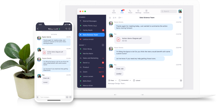 A white chat box on a technological device and mobile phone featuring a chat conversation in text boxes between two individuals.